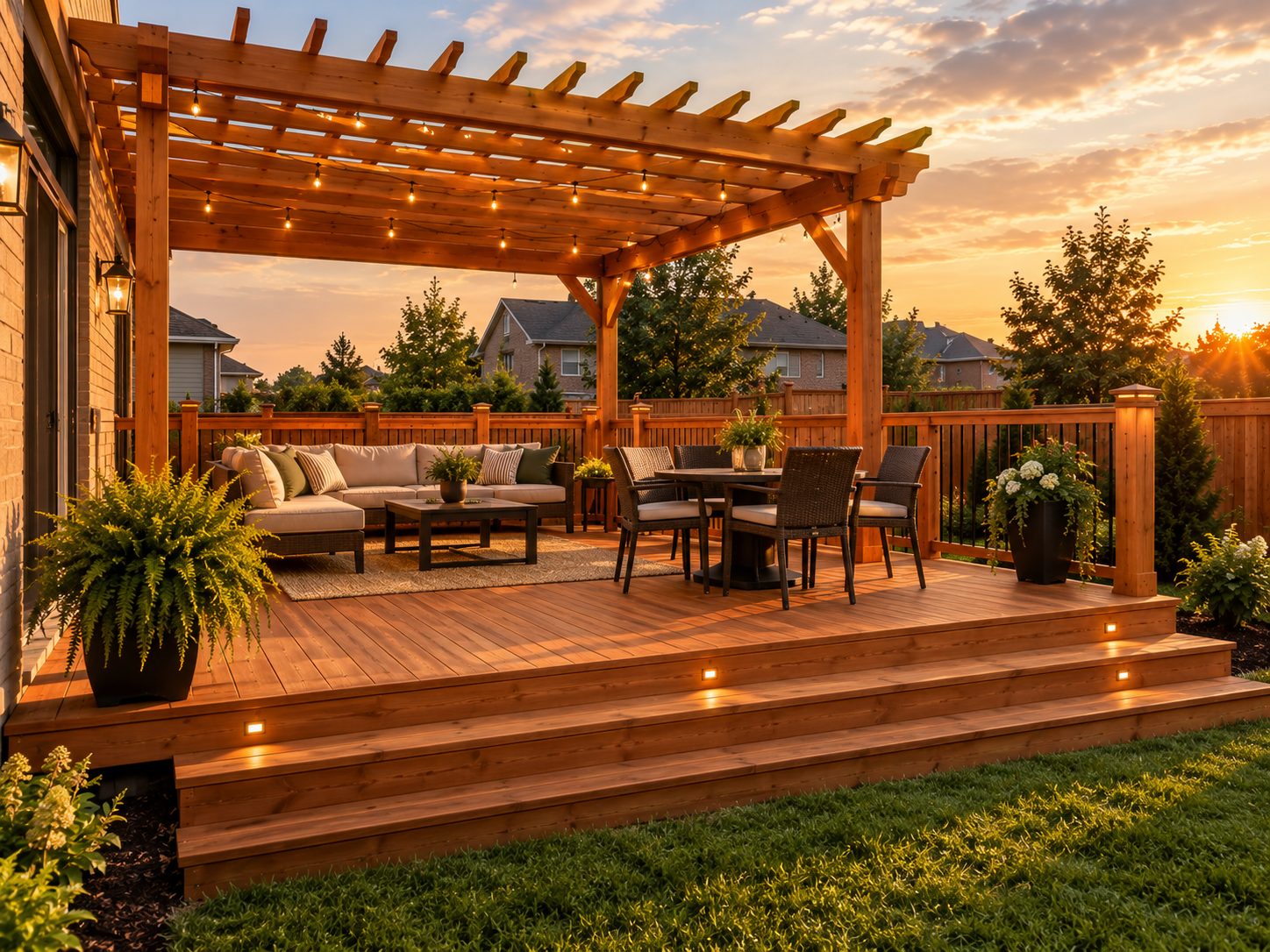 Custom wooden deck with pergola