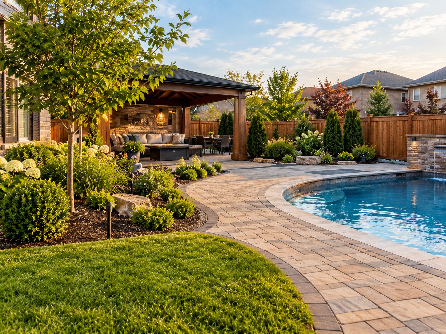 Landscaped backyard with pool and interlocking